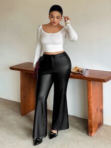 Livesso Autumn/Winter High Waist Slim Fit Solid Color Fashion Street Style Flare Leg Pants - Black - View 1
