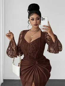 Maweii Plus Size Elegant Party Lace Patchwork Dress Fall - Brown - View 4