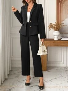EMERY ROSE Women's Button Long Sleeve Jacket And Pants Suit Set - Black - View 5