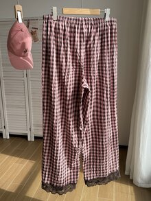 Comfortcana Plus Size Women's Spring/Summer Plaid Contrast Lace Waist Tie Long Pants - Baby Pink - View 2