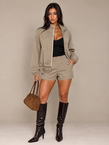 Brilight Women's Autumn & Winter Stand Collar Zip Jacket & Shorts Set, Contrast Piping & Drawstring Waist Two-Piece Outfit For Daily Outings - Khaki - View 6