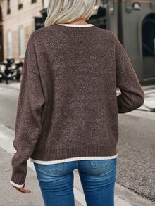 SHEIN 秋冬休閒拼色滾邊毛衣 - 咖啡棕 - 查看 2