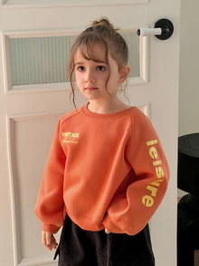 Hapijoa Young Girl) Round Neck Printed Colorblock Pullover Casual Long Sleeve Sweatshirt, Autumn/Winter - Orange - View 2