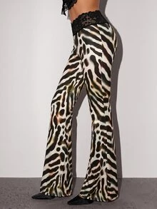 SHEIN ICON 超低腰蕾絲腰帶斑馬紋喇叭褲 - 棕色 - 查看 6