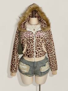 SHEIN ICON Plus Size Women's Plush Patchwork Leopard Print Casual Daily Sweatshirt - Multicolor - View 2