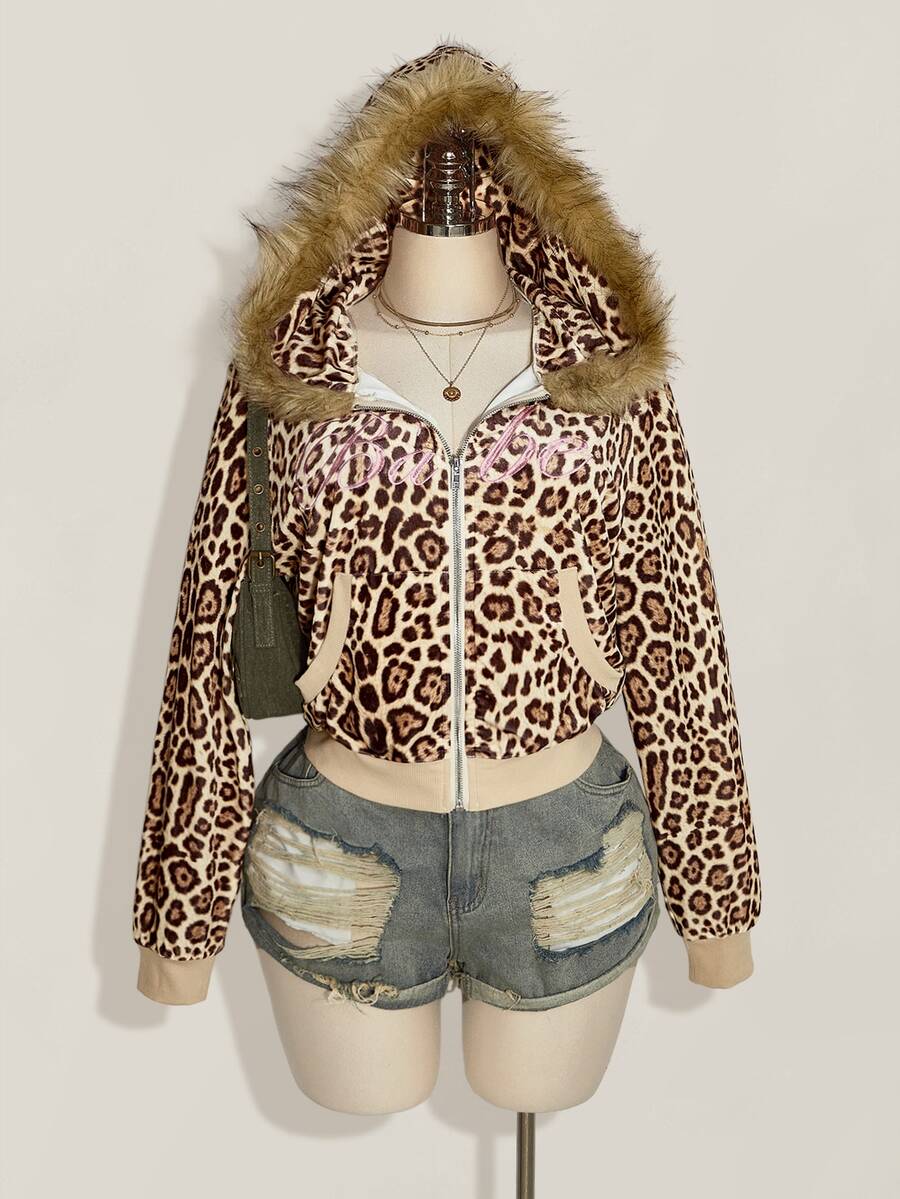 SHEIN ICON Plus Size Women's Plush Patchwork Leopard Print Casual Daily Sweatshirt - Multicolor - View 1