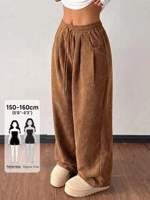SHEIN PETITE 女款秋冬街頭時尚休閒復古燈芯絨紋理寬鬆長褲，適合嬌小女性，上班辦公，濃縮咖啡棕色 - 卡其色 - 查看 11