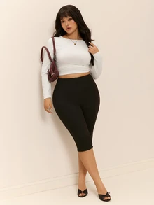 CovetEZ Plus Size Women's Solid Color Casual Daily Wear Tight Leggings - Black - View 7