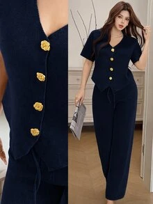 Feyla V-Neck Floral Gold Button Short Sleeve Knit Cardigan And High Waist Casual Pants 2 Pieces Set - Navy Blue - View 1