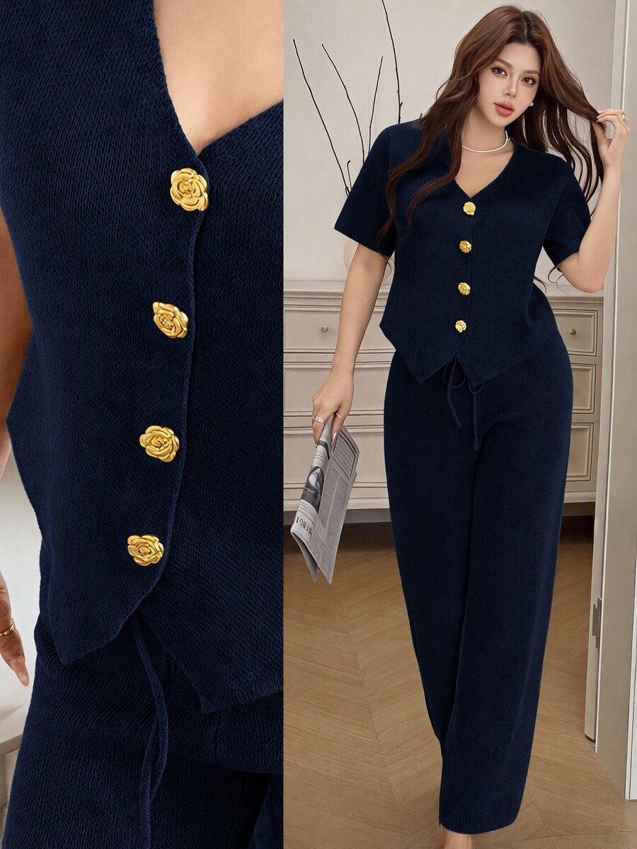 Feyla V-Neck Floral Gold Button Short Sleeve Knit Cardigan And High Waist Casual Pants 2 Pieces Set - Navy Blue - View 1