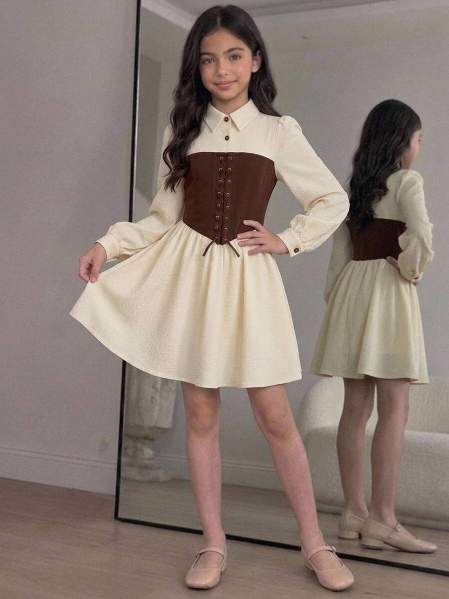 SHEIN 少女杏色與咖啡色拼接收腰洋裝,柔軟舒適,秋冬新款,適合正式場合、休閒日常穿著、派對、舞會、晚宴及節日穿搭 - 杏色 - 查看 1