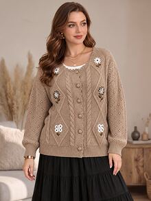 EMERY ROSE كارديجان محبوك بأزرار مطرزة بطراز عتيق مقاس كبير - كاكي - مشاهدة 5