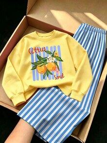 Baby Girls 2 Pcs Lemon Letter Print Crew Neck Sweatshirt & Striped Wide Leg Pants, Fall Winter Outfit - Multicolor - View 4