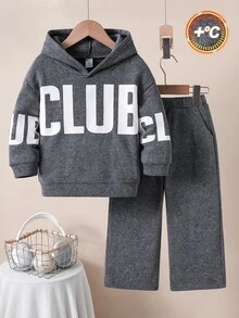 SHEIN 小男孩字母印花兒童連帽衛衣與長褲休閒日常套裝 - 彩色 - 查看 7