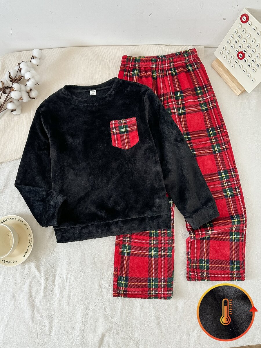 SHEIN 2件組青少年男孩黑色絨毛上衣與紅綠格紋絨毛長褲居家服套裝,適合居家、聖誕節、派對、新年 - 彩色 - 查看 1