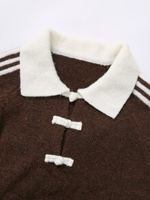 Breezaya New Chinese Style Casual Relaxed Vintage Lapel Frog Button Half-Open Front Women's Sweater - Coffee Brown - View 8