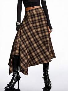 LYSMO Women's Street Style Plaid Pleated Asymmetrical Skirt - Brown - View 7