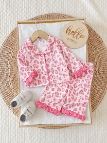SHEIN 新生兒粉色豹紋單排扣上衣與長褲2件式居家服套裝 - 粉色 - 查看 9