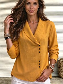 Zayélia Fashionable New Autumn/Winter Casual Long Sleeve Button Decor Women's Shirt - Yellow - View 5