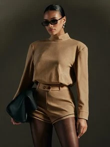 Hauture Solid Color Semi-High Neck Long Sleeve Contrast Trim Double Button Waist-Cinching Romper, Minimalist Elegant Jumpsuit For Commute And Vacation - Khaki - View 1