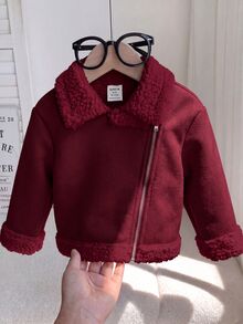 女嬰秋冬可愛百搭卡其色保暖內裡夾克 - 酒紅色 - 查看 7