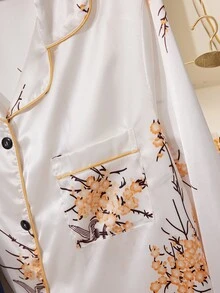 MuseNap CURVE Autumn/Winter Floral & Leopard Print Front Button Lapel Trim Long Sleeve Pants Women Plus Size Pajama Set 4pcs - Multicolor - View 6