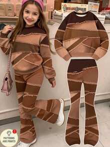 Fresh Fashion Casual Minimalist Style Colorful Patchwork Pattern Basic Pullover Sweatshirt + Elastic Waist Flare Pants, Autumn/Winter Daily Outfit - Multicolor - View 1