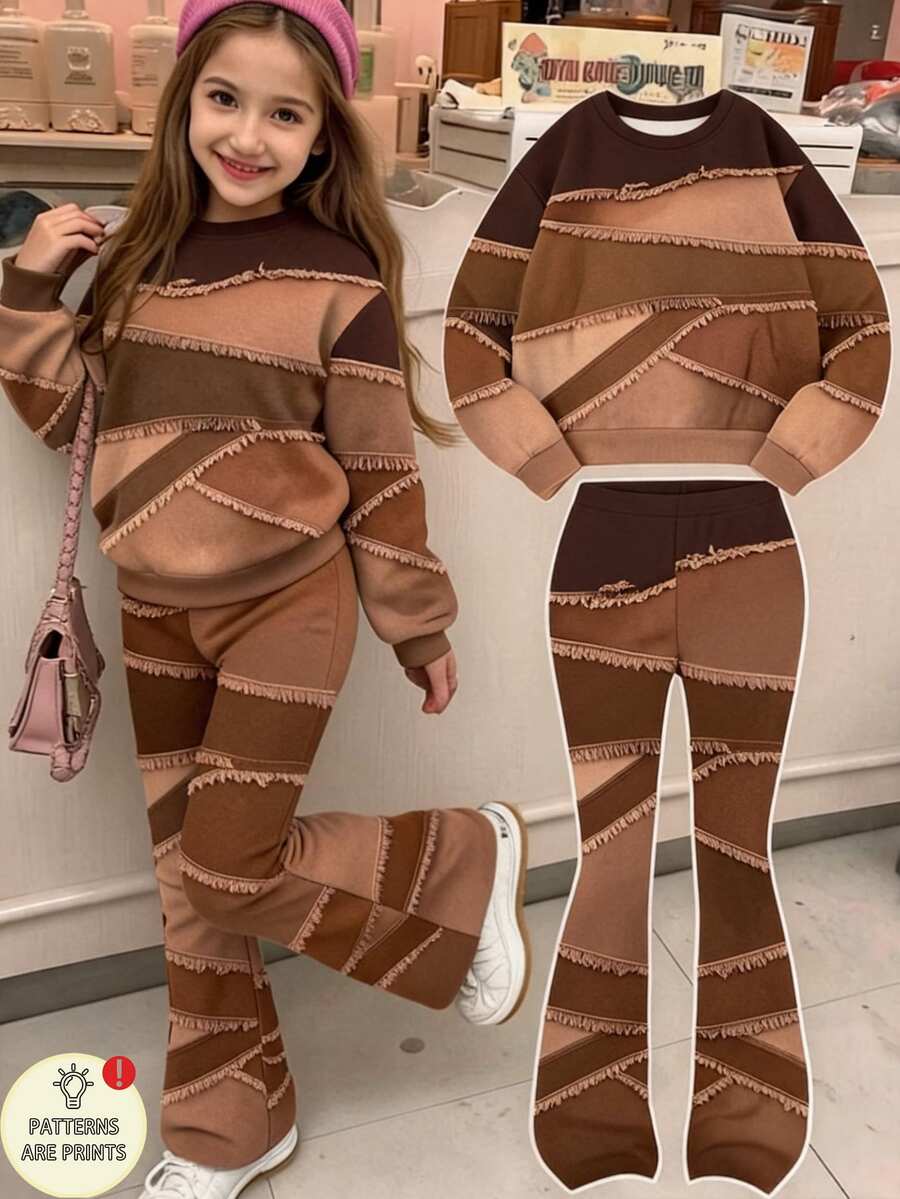 Fresh Fashion Casual Minimalist Style Colorful Patchwork Pattern Basic Pullover Sweatshirt + Elastic Waist Flare Pants, Autumn/Winter Daily Outfit - Multicolor - View 1