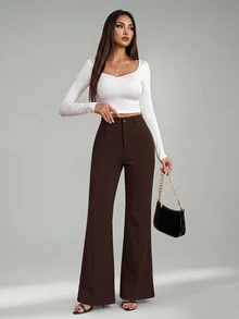 SHEIN Tall 女款純色前扣休閒修身喇叭黑色長褲 - 咖啡棕 - 查看 3