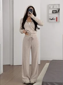 SHEIN EZwear Women's Solid Color Zip-Up Hoodie And Pants Casual Daily 2 Pieces Set - Apricot - View 4