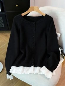 GlowEve CURVE Plus Size Women's Casual Dressy Traditional Lace Patchwork Ruffle Long Sleeve Button Round Neck Knit Cardigan Office Formal Formal Grey Autumn Winter - Black - View 1
