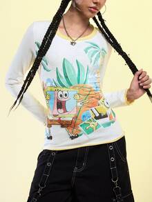 SpongeBob SquarePants | ROMWE Kaos Lengan Panjang Kasual Wanita Motif Kartun untuk Sehari-hari - Putih - View 4