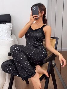 Napfluff Women's Polka Dot Print Lace Trim Camisole Pajama Set, Soft & Comfortable 2 Pieces Loungewear - Multicolor - View 5