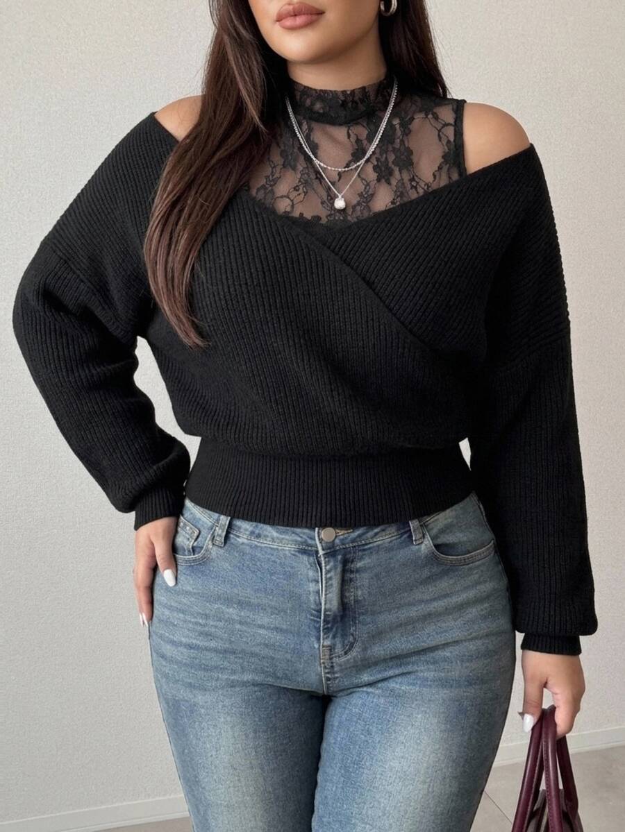 Dazy Plus Plus Size Women's Lace Patchwork Casual Daily Long Sleeve Sweater - Black - View 1