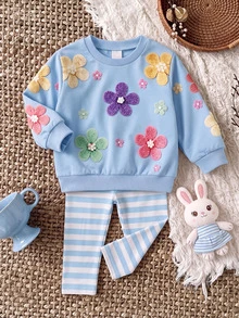 SHEIN Baby Girls 3D Flower Autumn Sweatshirt & Striped Leggings Outfit Set - Baby Blue - View 6