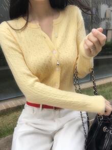 DAZY 女款休閒扭花針織開襟衫，單排鈕扣設計，長袖，秋冬款 - 杏色 - 查看 4