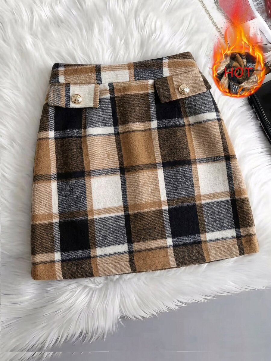 EMERY ROSE Plus Size Women's Autumn/Winter Fashion Casual Daily All-Match Versatile Khaki Large Grid Mini Skirt Fall - Multicolor - View 1