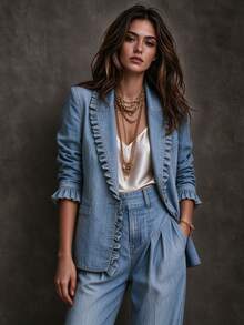 SHEIN سترة نسائية فرنسية عتيقة زرقاء رومانسية بياقة مكشكشة، تصميم أكمام مكشكشة بزر واحد، مناسبة للتنقل والشارع والمواعيد والأعمال والحفلات والعطلات، أسلوب بوهيمي عتيق للخريف/الشتاء - الأزرق - مشاهدة 3