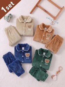 SHEIN 秋冬雙面法蘭絨男嬰家居服套裝，柔軟絨毛布料，黃褐色領口開襟長袖上衣附口袋，BABY刺繡，寬鬆舒適長褲，2件套，冬季風格 - 卡其色 - 查看 10