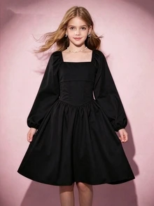 SHEIN 青少年女孩白色長袖返校舞會禮服 秋季風格 美式秋季穿搭 - 黑色 - 查看 5