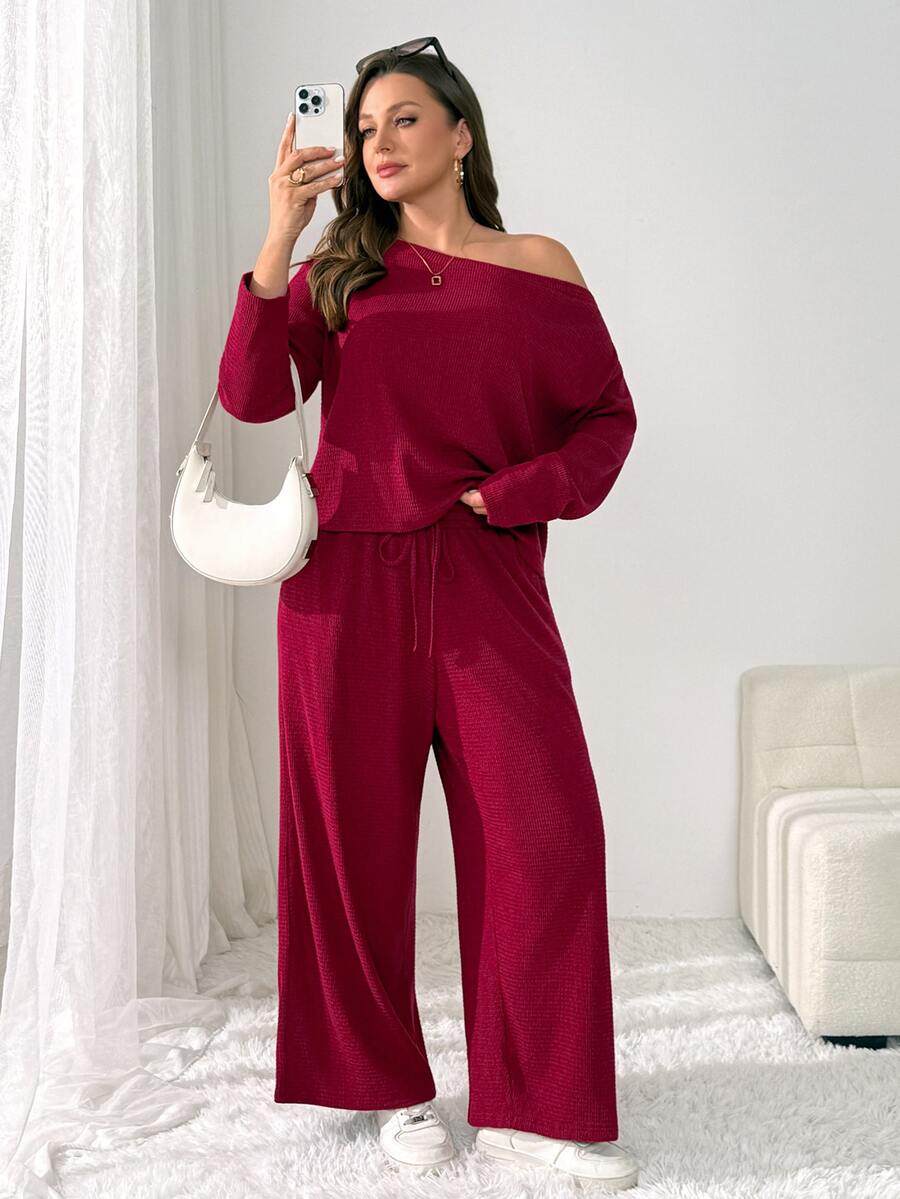 Shapeblank Women's Plus-Size Fall/Winter Two Pieces Set: Casual, Loose, Warm, And Comfortable Long-Sleeve Off-Shoulder Top With Wide-Leg Pants (Red),Christmas - Burgundy - View 1