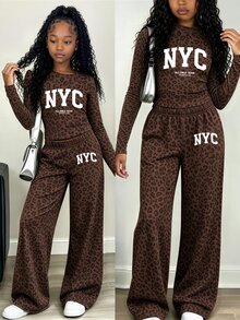 Tween女孩 NYC 炭灰色豹紋長袖上衣與寬腿長褲套裝，時尚休閒穿搭，秋冬款 (2件組) - 彩色 - 查看 1