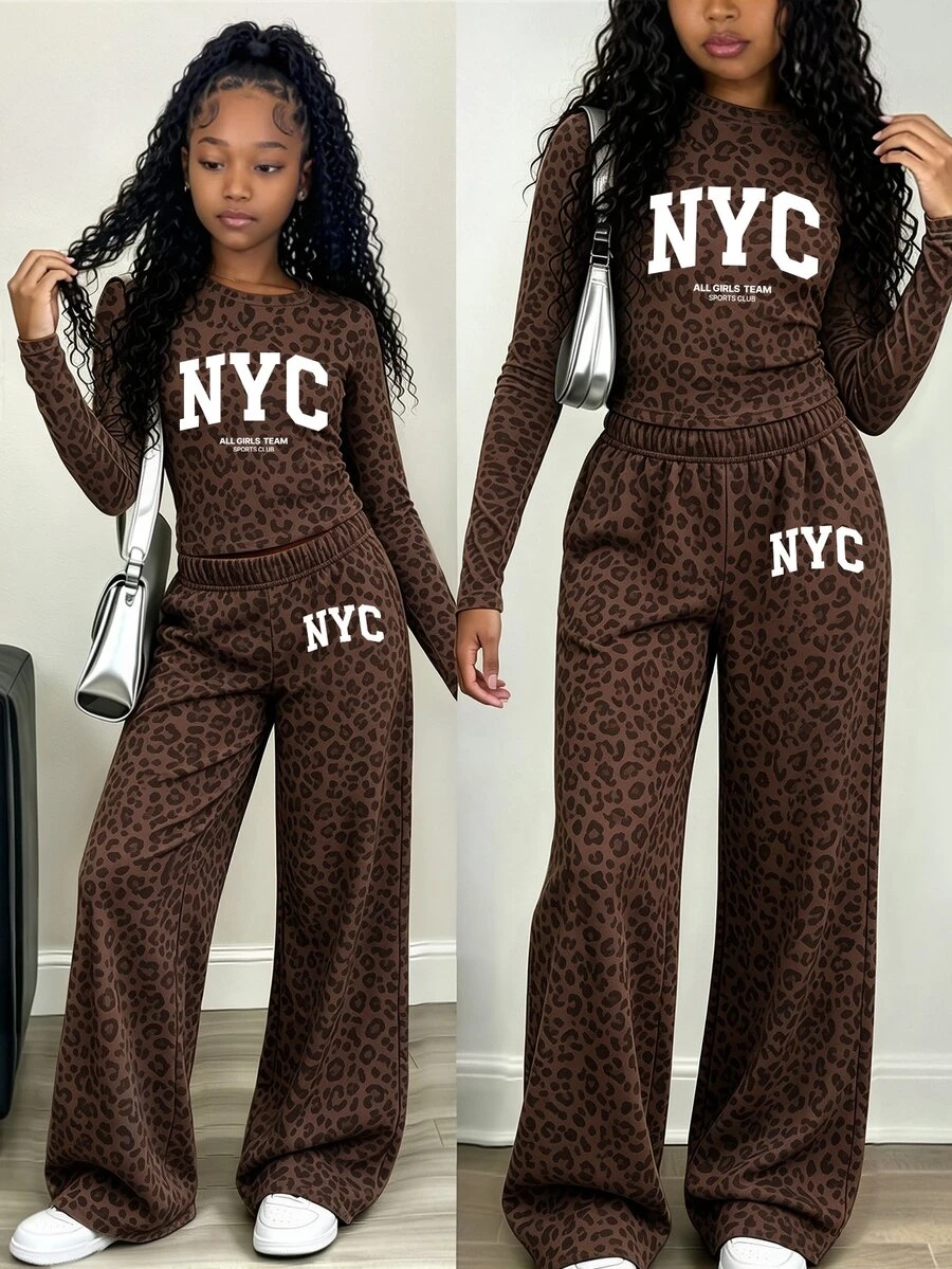 Tween女孩 NYC 炭灰色豹紋長袖上衣與寬腿長褲套裝,時尚休閒穿搭,秋冬款 (2件組) - 彩色 - 查看 1
