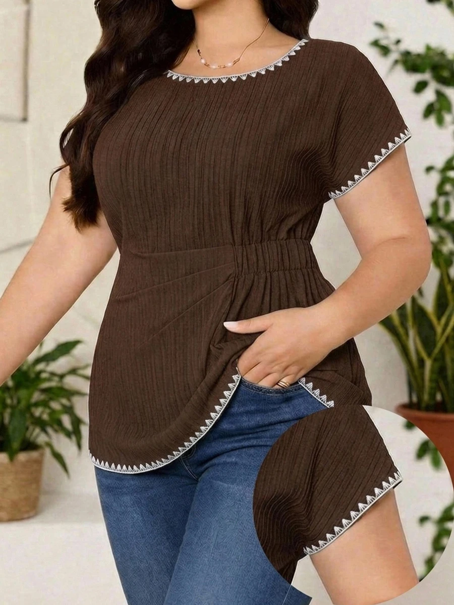 SHEIN Clasi Plus Size Women's Colorblock Pleated Casual Daily Wear Shirt - Brown - View 1