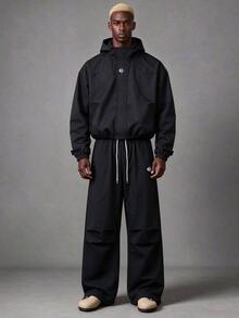 Manfinity Roughcore Y2K Contrast Color Stitching 2 Pieces Sports Set, Loose Zipper Jacket + Wide Leg Pants, Letter Embroidery Street Style Casual Outfit - Black - View 3