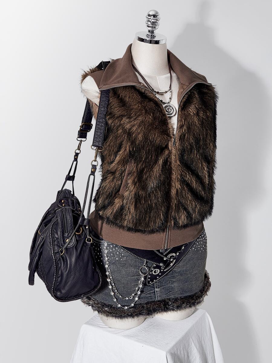 SHEIN ICON Plus Size Women's Zipper Front Pocket Fashion Faux Fur Vest - Mocha Brown - View 1