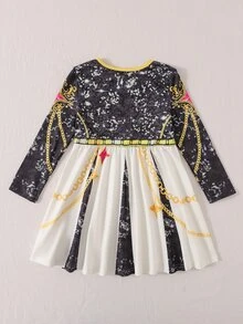 SHEIN 少女黑色與金色寶石印花圓領長袖洋裝 - 白色 - 查看 2