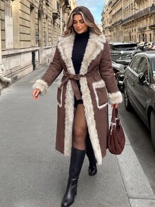 Vionelle Plus Size Women's Long Sleeve Open Front Long Faux Fur Coat Winter - Coffee Brown - View 3