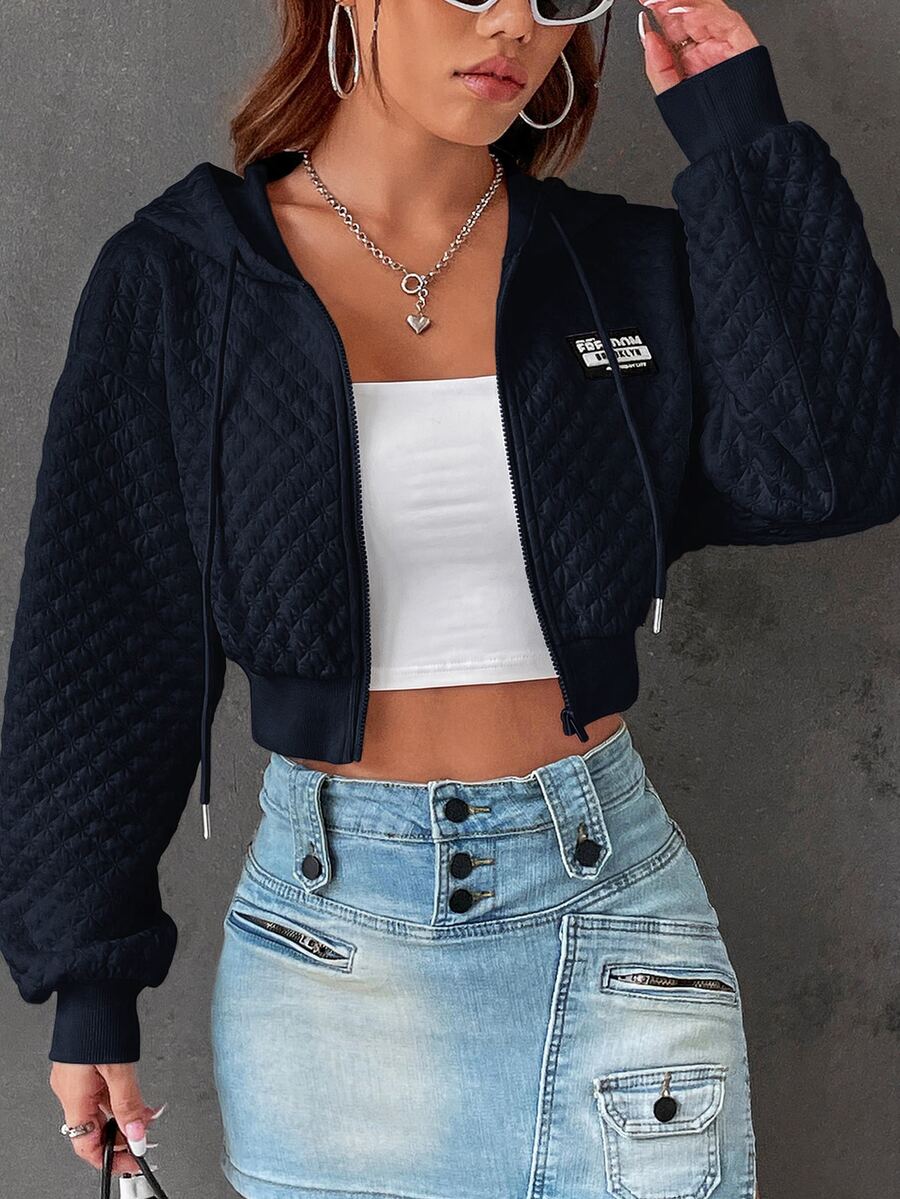 SHEIN EZwear 字母圖案落肩抽繩短版連帽衛衣,秋冬長袖上衣 - 藏蓝色 - 查看 1