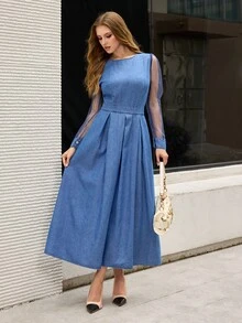 Selenza Women's Round Neck Contrast Mesh Long Sleeve Elegant Denim Dress - Blue - View 7